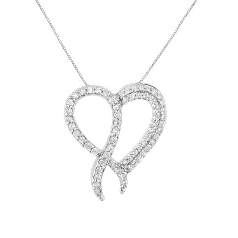 Silver 1 cttw Diamond Heart and Ribbon 18" Pendant Necklace