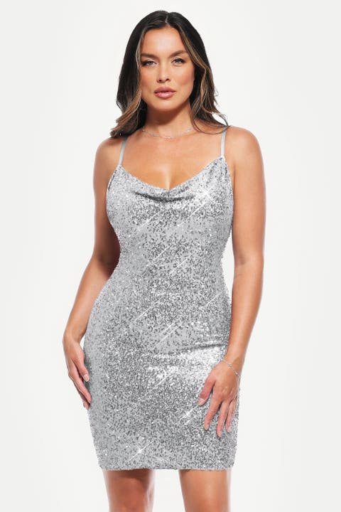 Sequin Cowl Neck Sculpting Mini Dress