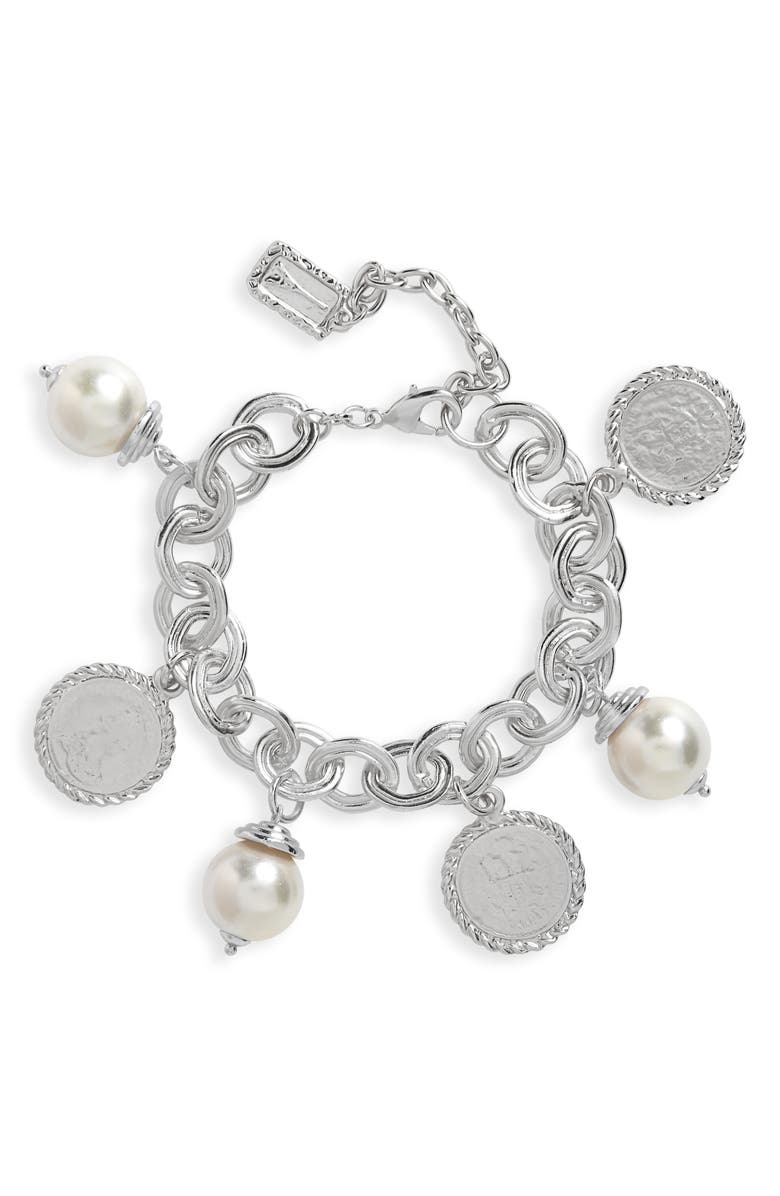 Karine Sultan Coin & Imitation Pearl Bracelet, Main, color, 