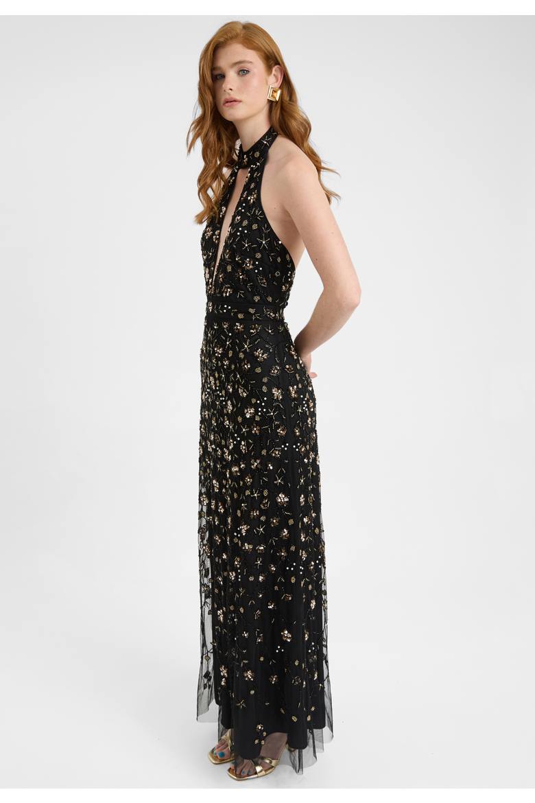 Embellished Sequin Beaded Maxi Dress With Choker-Style Collar, Alternate, color, BLACK