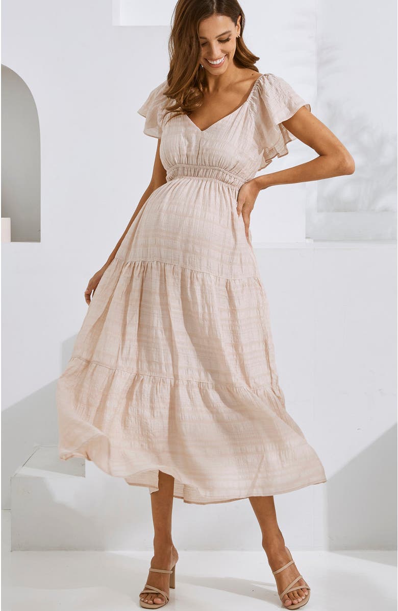 Angel Maternity Baby Shower Ruffle Sleeve Maternity Dress, Alternate, color, Nude