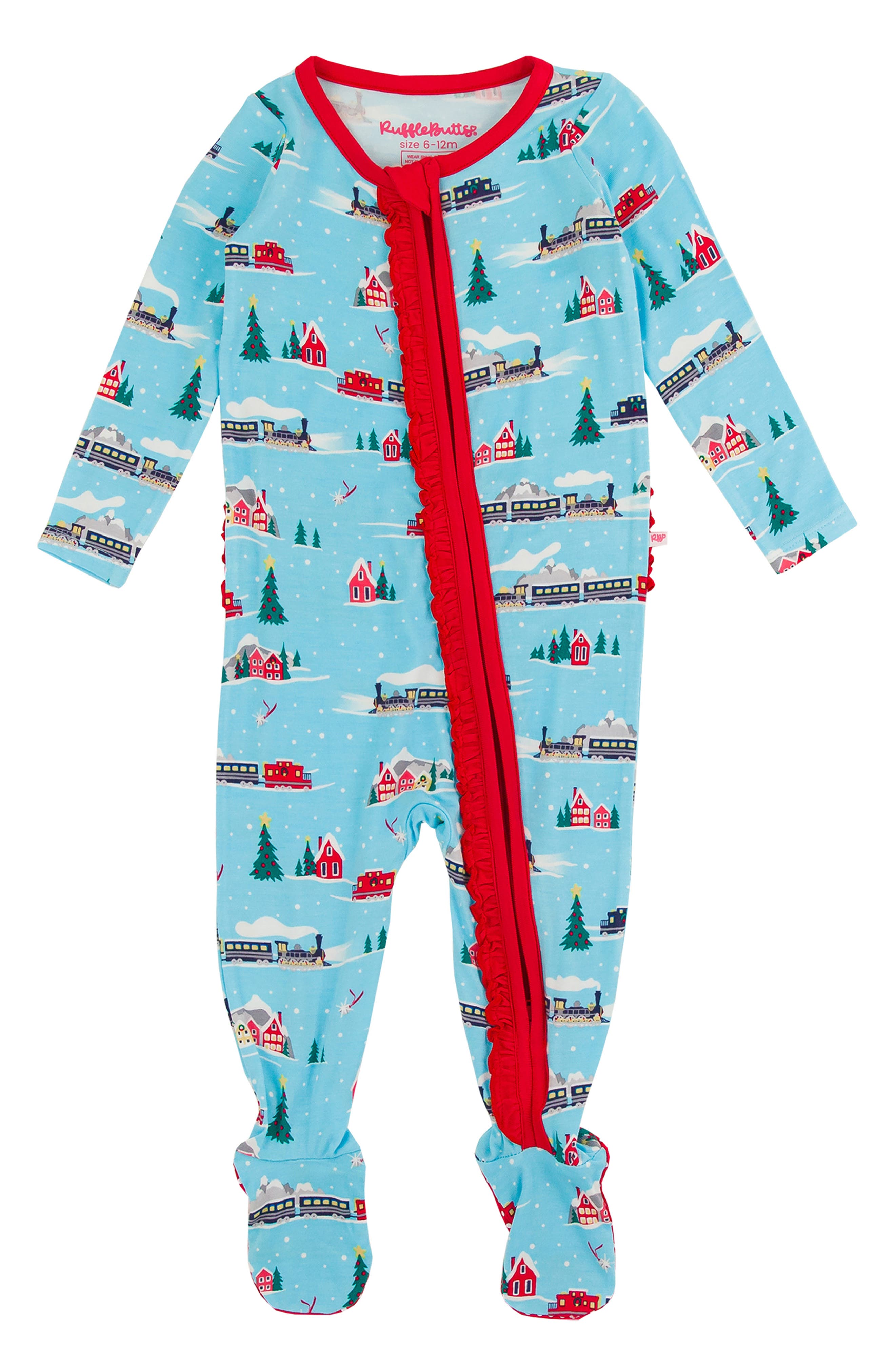 RuffleButts All Aboard Ruffle Convertible Zip Footie in Blue 