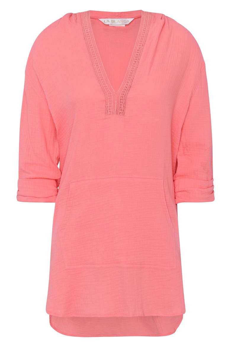 Hooded Cotton Gauze Cover-Up Tunic, Alternate, color, LIGHT CORAL