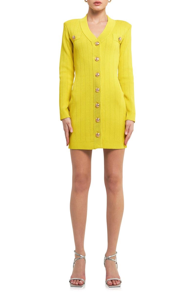 Endless Rose Padded Shoulder Long Sleeve Button-Up Sweater Minidress, Main, color, Yellow