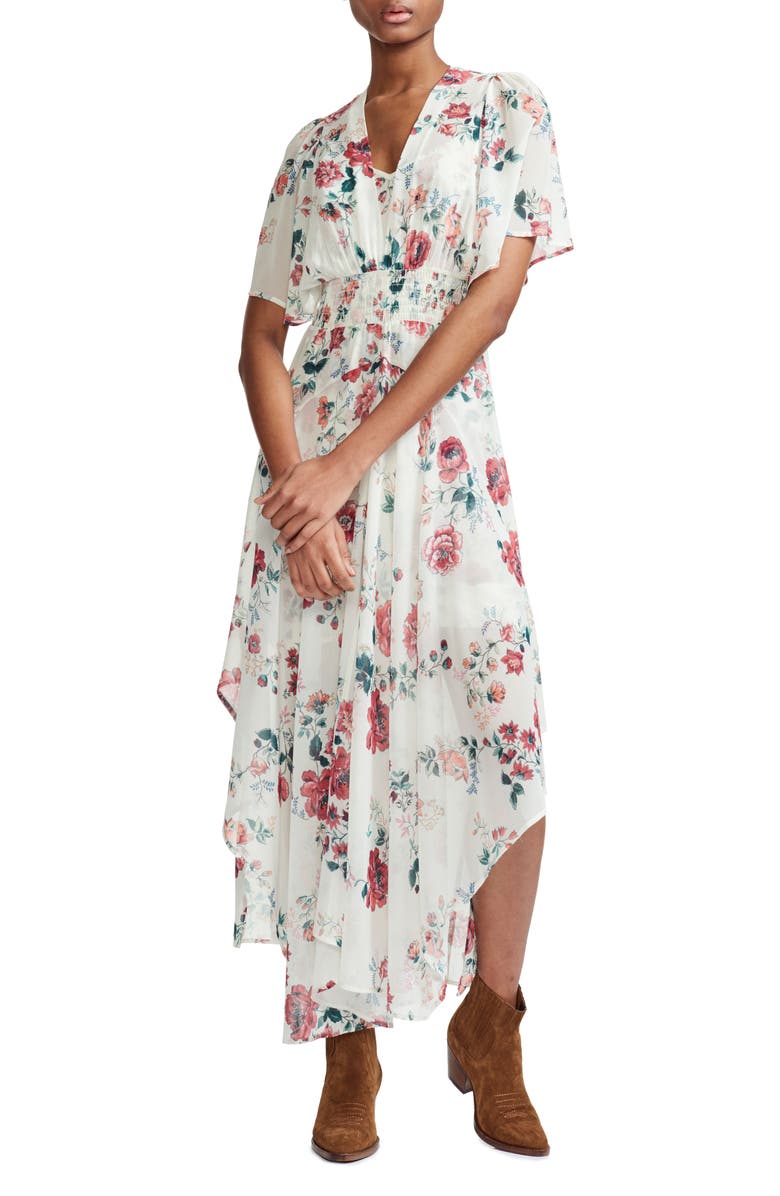 maje Rachelle Asymmetrical Hem Floral Print Maxi Dress, Main, color, 