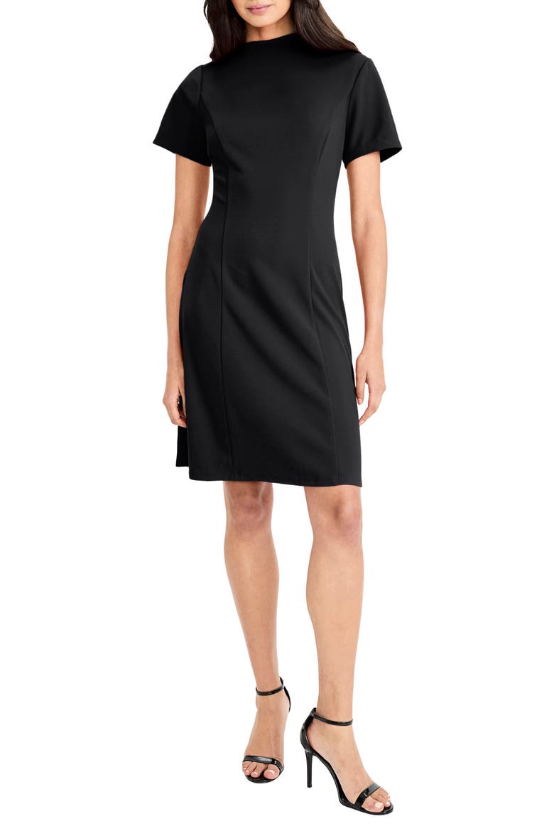 Mock Neck Short Sleeve A-Line Minidress, Main, color, BLACK
