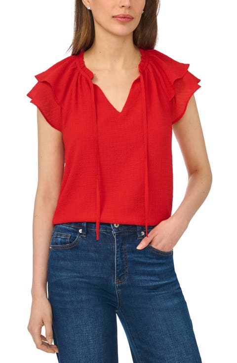 Fluttery Sleeve Tie Neck Top