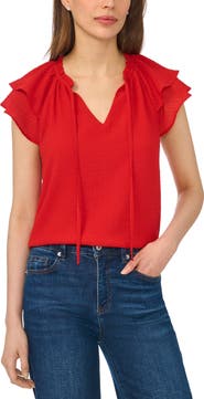 CeCe Fluttery Sleeve Tie Neck Top
