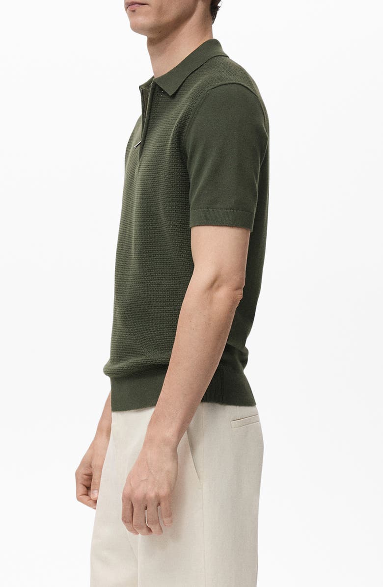 MANGO Openwork Knit Quarter Zip Polo, Alternate, color, Khaki Green