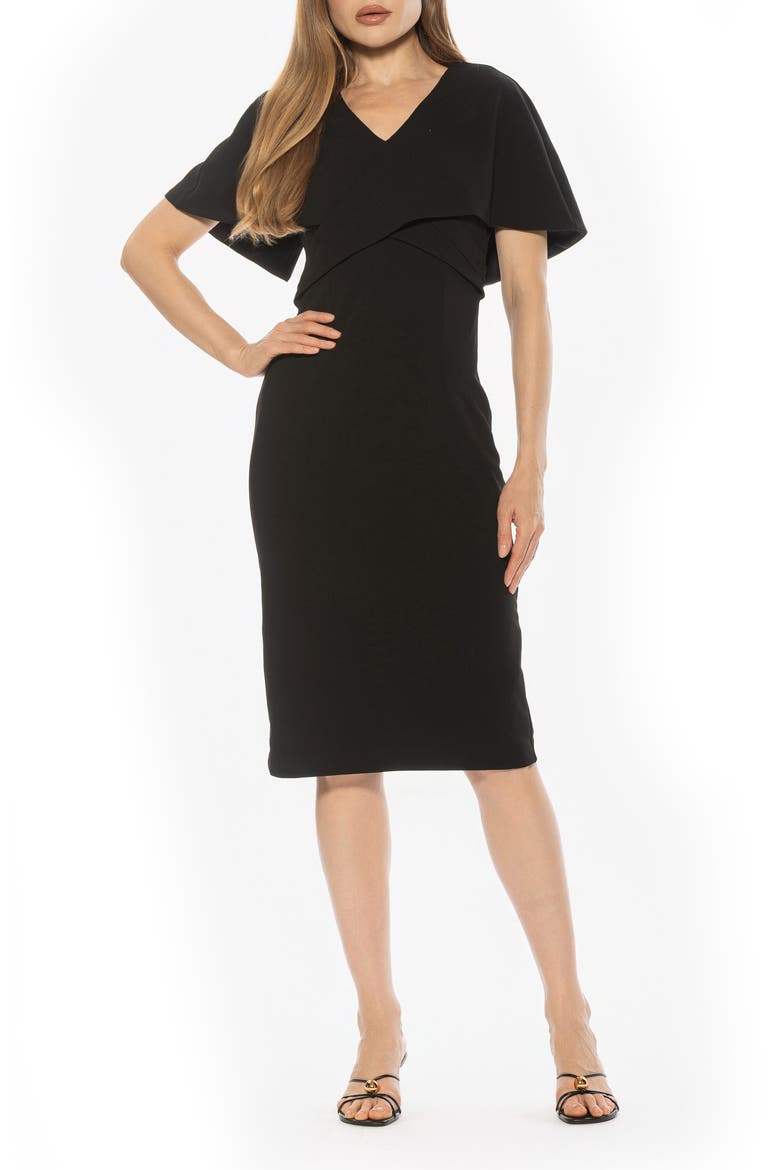 Noor Wrap Bodice Midi Sheath Dress, Main, color, BLACK