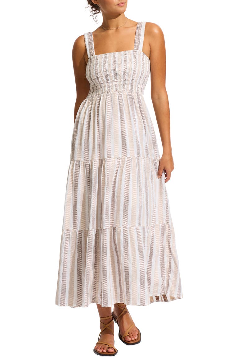 Beach Edit Embroidered Tiered Smocked Cotton Cover-Up Maxi Dress, Main, color, NATURAL