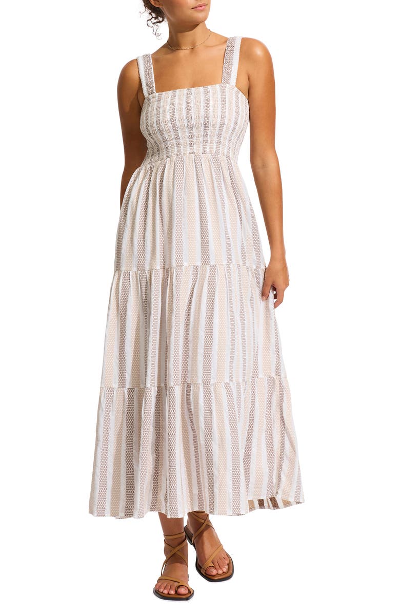 Seafolly Beach Edit Embroidered Tiered Smocked Cotton Cover-Up Maxi Dress, Main, color,