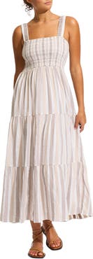 Seafolly Beach Edit Embroidered Tiered Smocked Cotton Cover-Up Maxi Dress