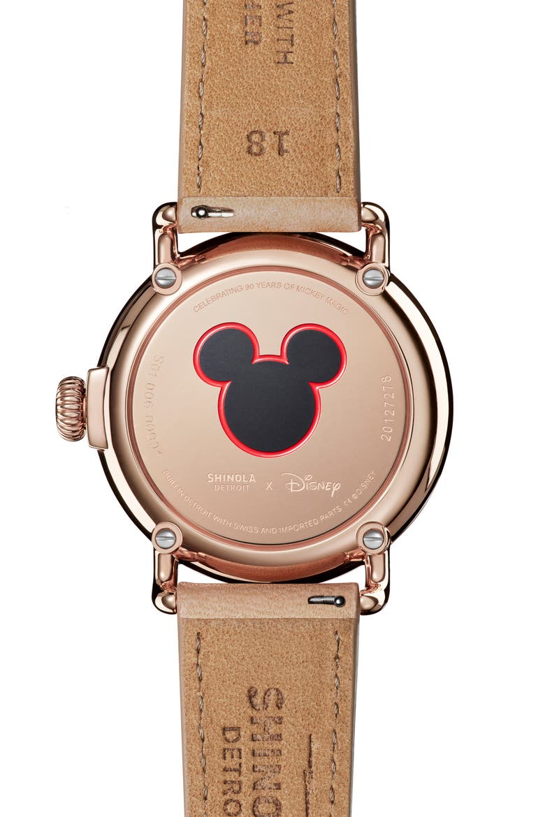x Disney Runwell Mickey Classic Leather Strap Watch, 36mm, Alternate, color, BIEGE/ WHITE/ ROSE GOLD