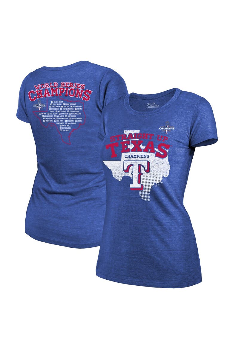 Women's Majestic Threads Royal Texas Rangers 2023 World Series Champions Local Ground Rules Roster Tri-Blend Fitted T-Shirt, Alternate, color, Royal