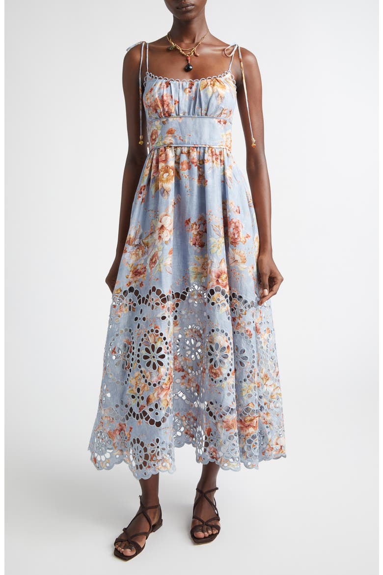 Awaken Picnic Eyelet Embroidered Linen Sundress, Main, color, CHAMBRAY FLORAL