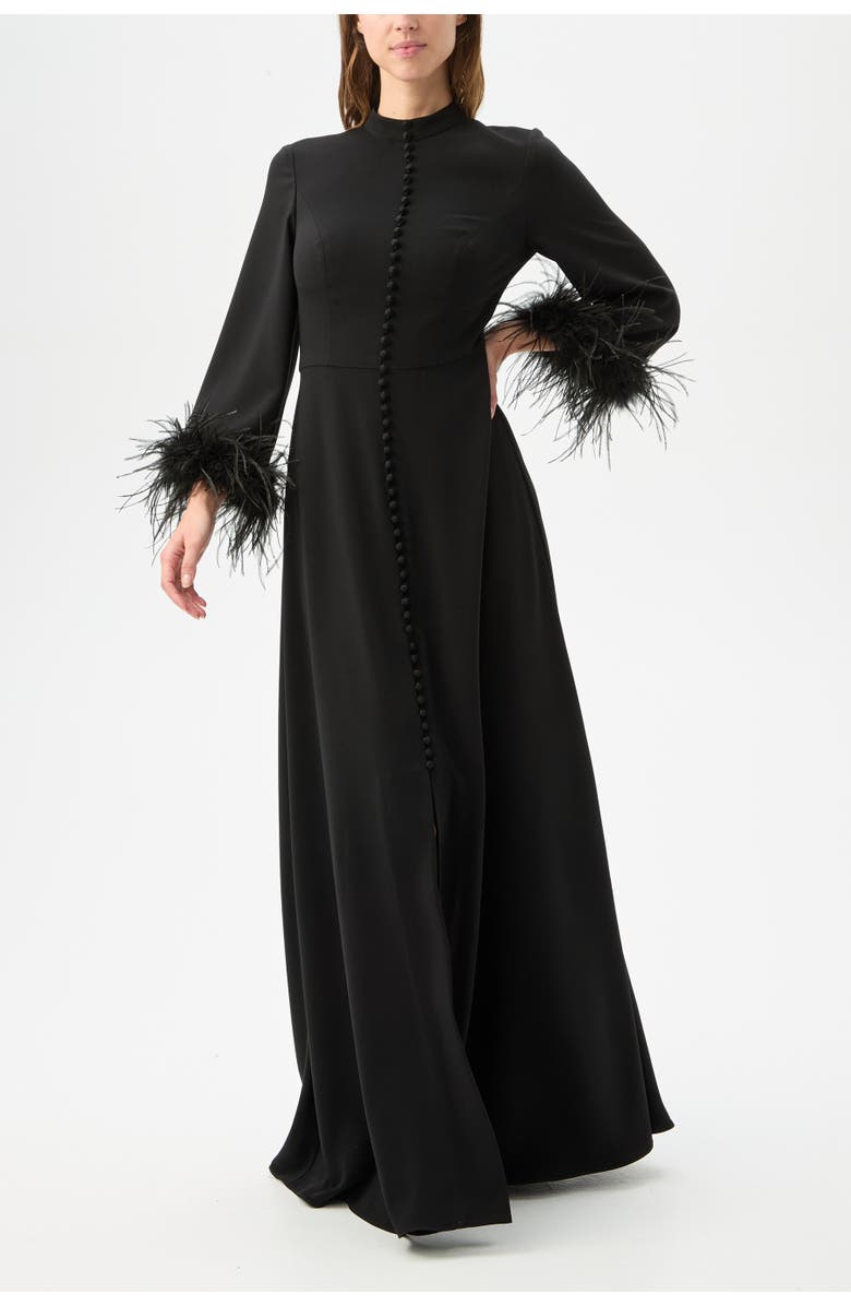 Trina Turk Montmarte Feathre Trim Maxi Dress, Alternate, color, Black