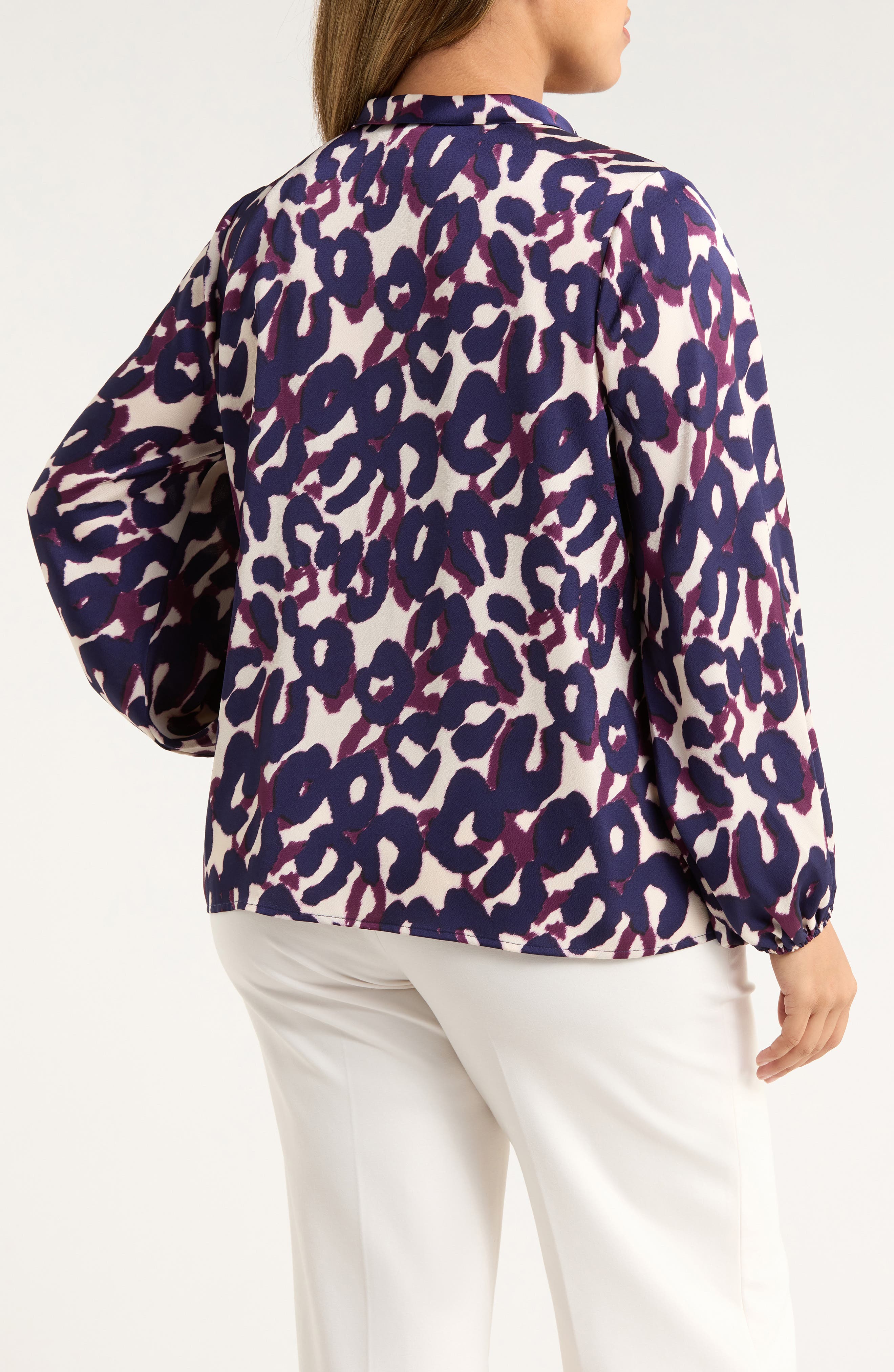 Leopard Print Bow Neck Satin Top - image 2