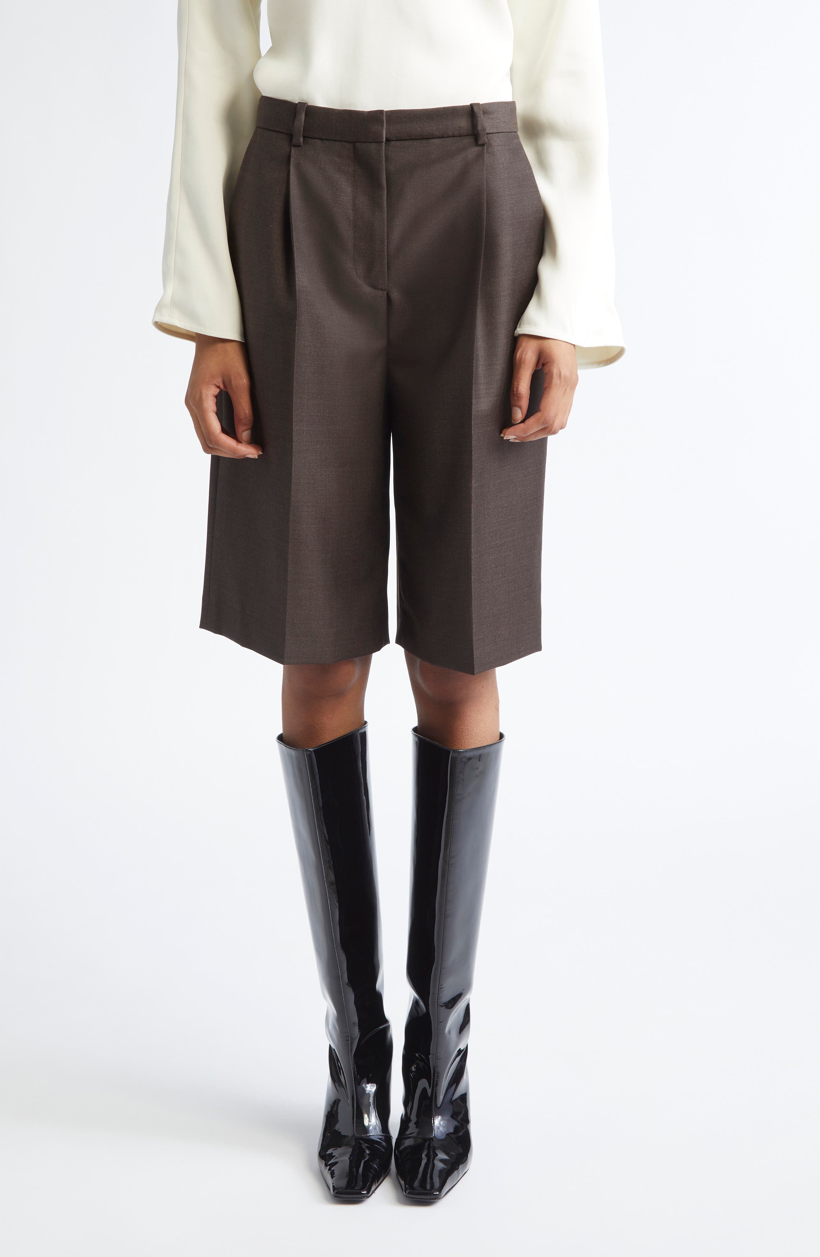 LOULOU DE SAISON Adler Pleated Virgin Wool Bermuda Shorts in Grizzly 