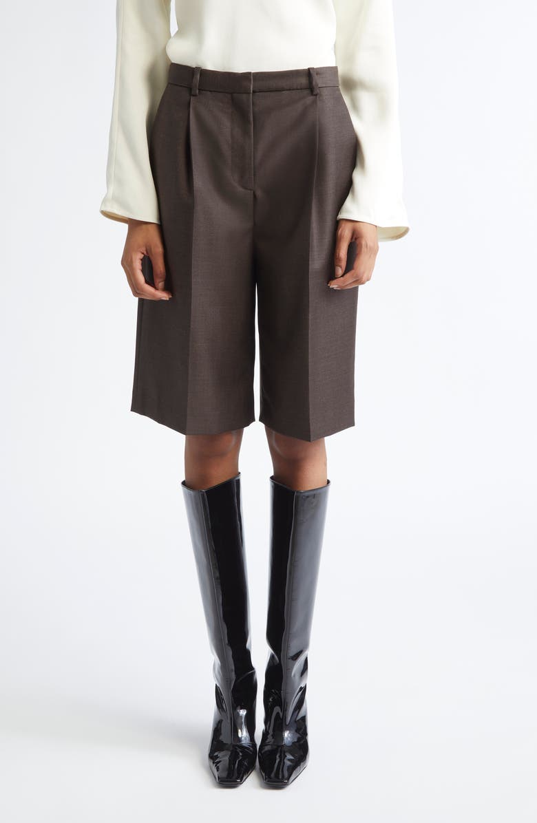 LOULOU DE SAISON Adler Pleated Virgin Wool Bermuda Shorts, Main, color, Grizzly