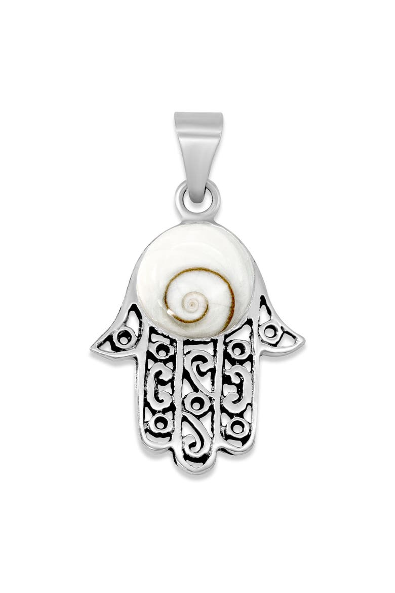 Sterling Silver Shiva Eye Shell Hamsa Hand Pendant, Main, color, WHITE