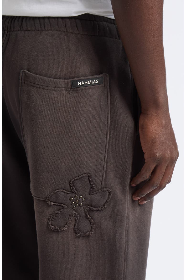 Distressed Studded Patch Raw Hem Long Sweat Shorts, Alternate, color, AGED BLACK TERRY