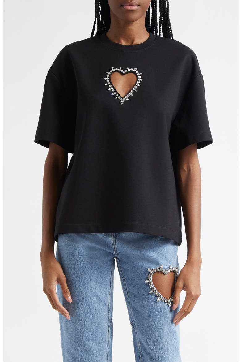 Crystal Trim Heart Cutout Relaxed Fit T-Shirt, Main, color, BLACK