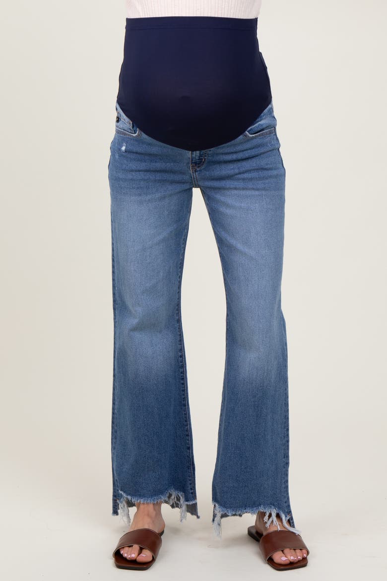 Distressed Fringe Hi-Lo Hem Cropped Flare Maternity Jeans, Alternate, color, Blue