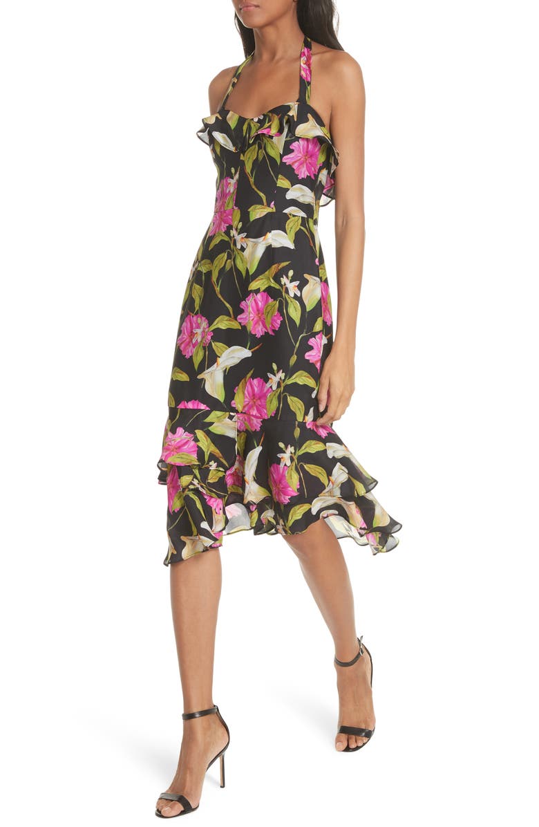 Milly Large Calla Lily Silk Halter Dress, Alternate, color, 