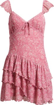BP. Paisley Flutter Sleeve Asymmetric Ruffle Dress