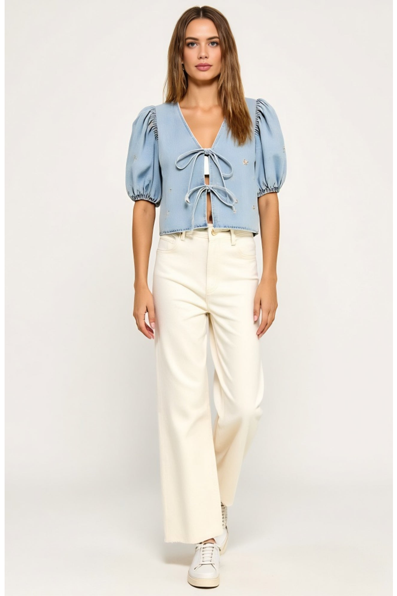 Embroidered Bow Puff Sleeve Top with Front Tie Detail and V-Neckline, Alternate, color, Light Blue