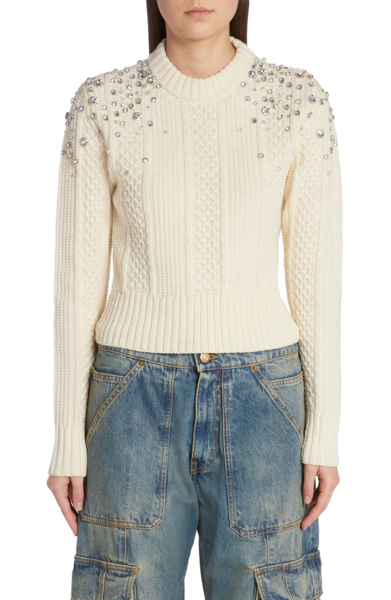 Golden Goose Crystal Embellished Virgin Wool Cable Knit Crewneck Sweater, Main, color, Lambs Wool