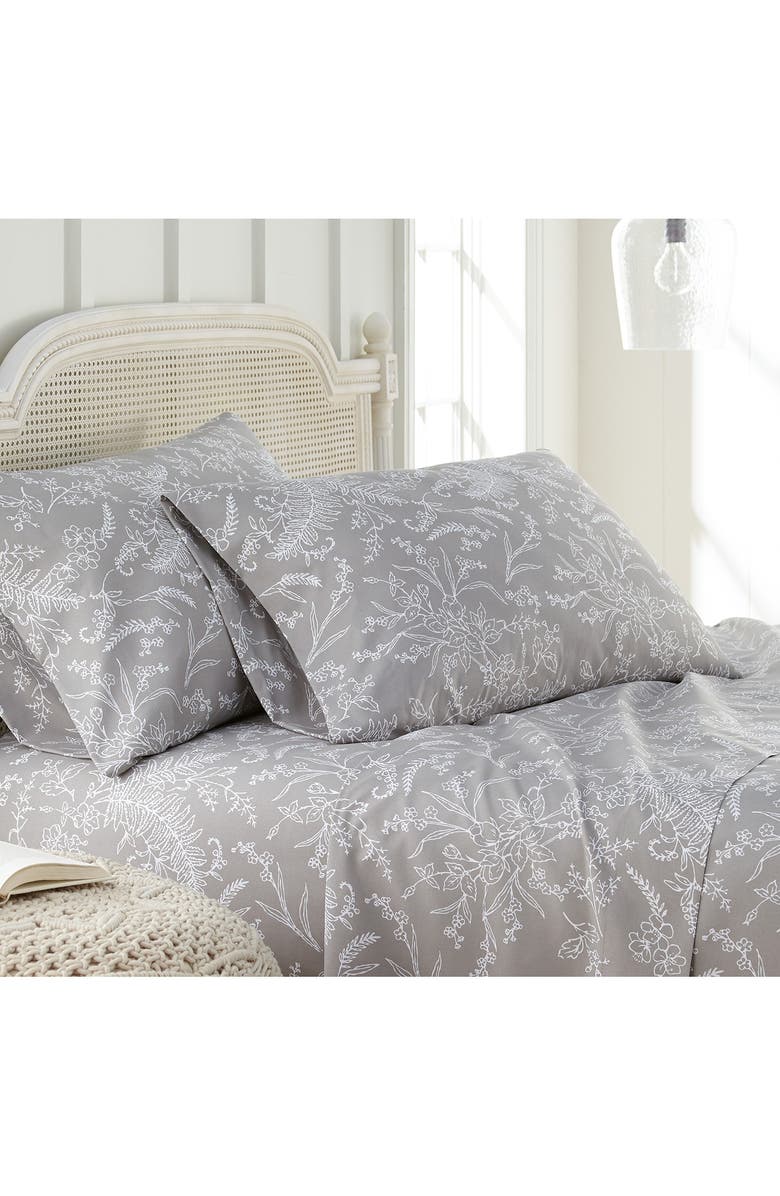 SOUTHSHORE FINE LINENS Winter Brush Sheet Set, Alternate, color, Steel Grey W/ White Flowers