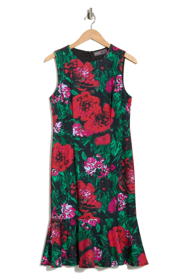Floral Sleeveless Ruffle Hem Midi Dress, Alternate, color, RED/ GREEN