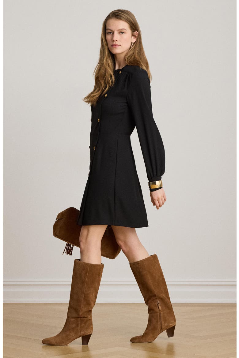 Long Sleeve Double Breasted Georgette Coat Dress, Alternate, color, BLACK