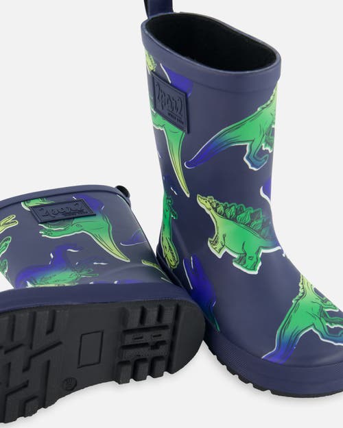 DEUX PAR DEUX DEUX PAR DEUX BOY'S PRINTED RAIN BOOTS BLUE AND GREEN DINO ON NAVY