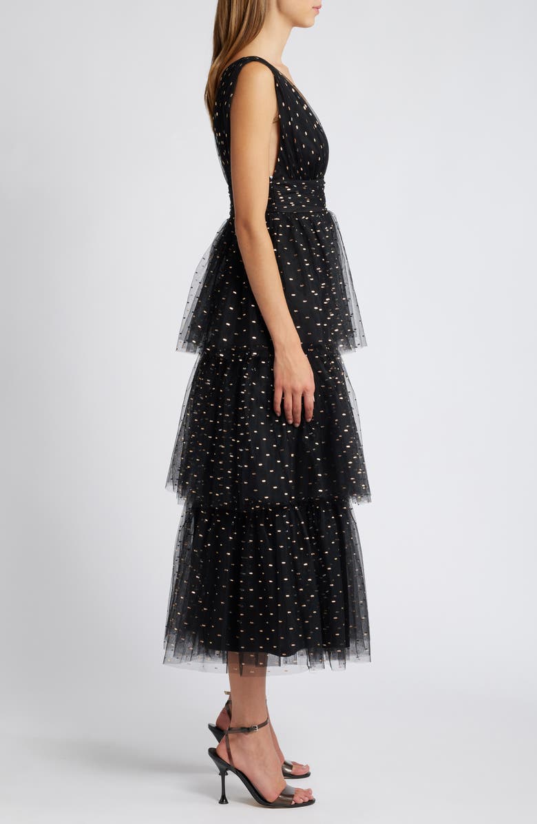 Lulus Metallic Tiered Tulle Midi Cocktail Dress, Alternate, color, Black/Rose Gold/Silver