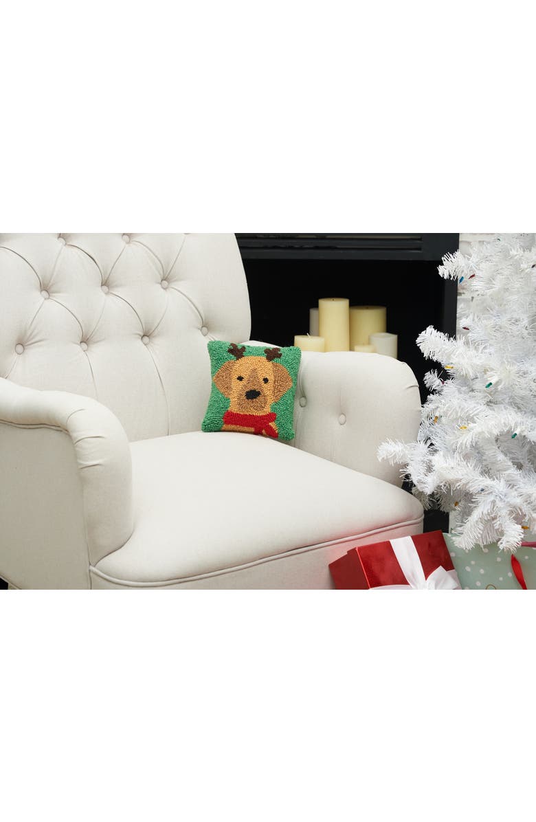 C&F Home Brown Puppy Dog Wearing Reindeer Antlers Mini Hooked Christmas Accent Pillow 8" x 8", Alternate, color, 