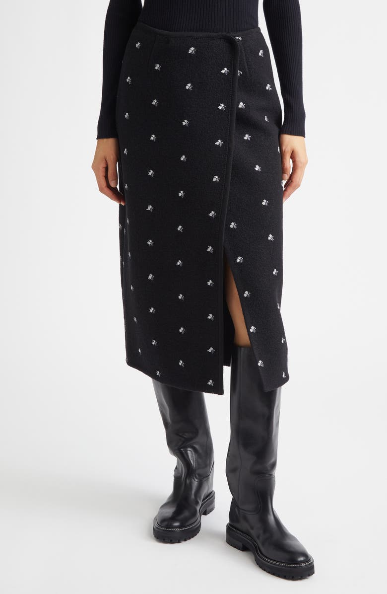 RIER Walker Floral Embroidered Wool Fleece Wrap Skirt, Main, color, Black Flowers