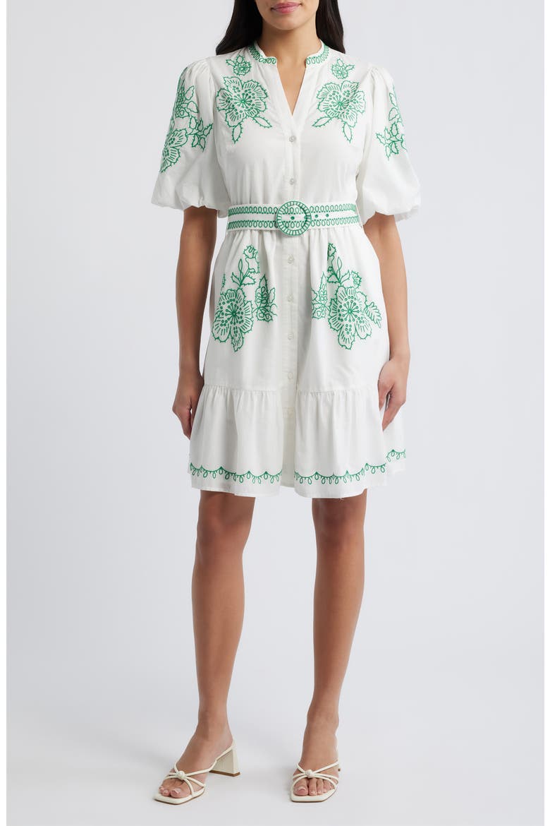 Embroidered Short Sleeve Cotton Shirtdress, Main, color, WHITE/ IVY GREEN