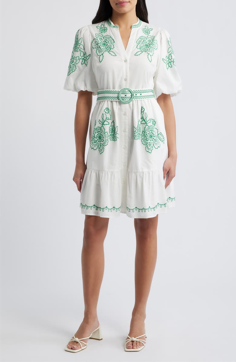 Eliza J Embroidered Short Sleeve Cotton Shirtdress, Main, color, White/ Ivy Green