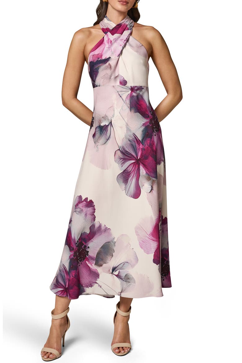halter neck floral midi dress Donna Karan Women's Charmeuse Floral Wrap-Effect Midi Halter Dress in Eggshell Multi Pink, Size 12
