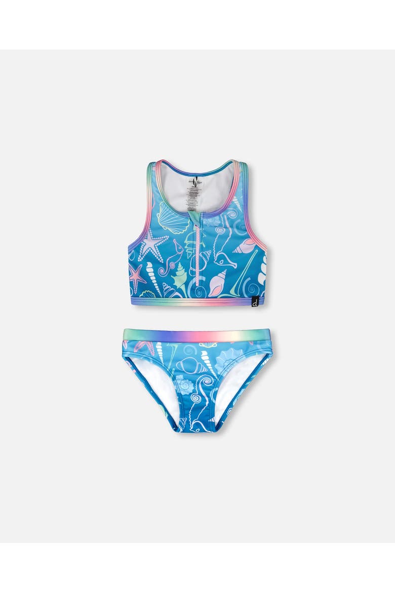Two-Piece Sporty Crop Top Shell Swimsuit, Main, color, Blue Seashell Print