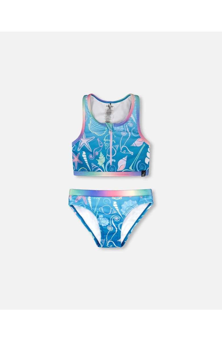 Deux par Deux Two-Piece Sporty Crop Top Shell Swimsuit, Main, color, Blue Seashell Print