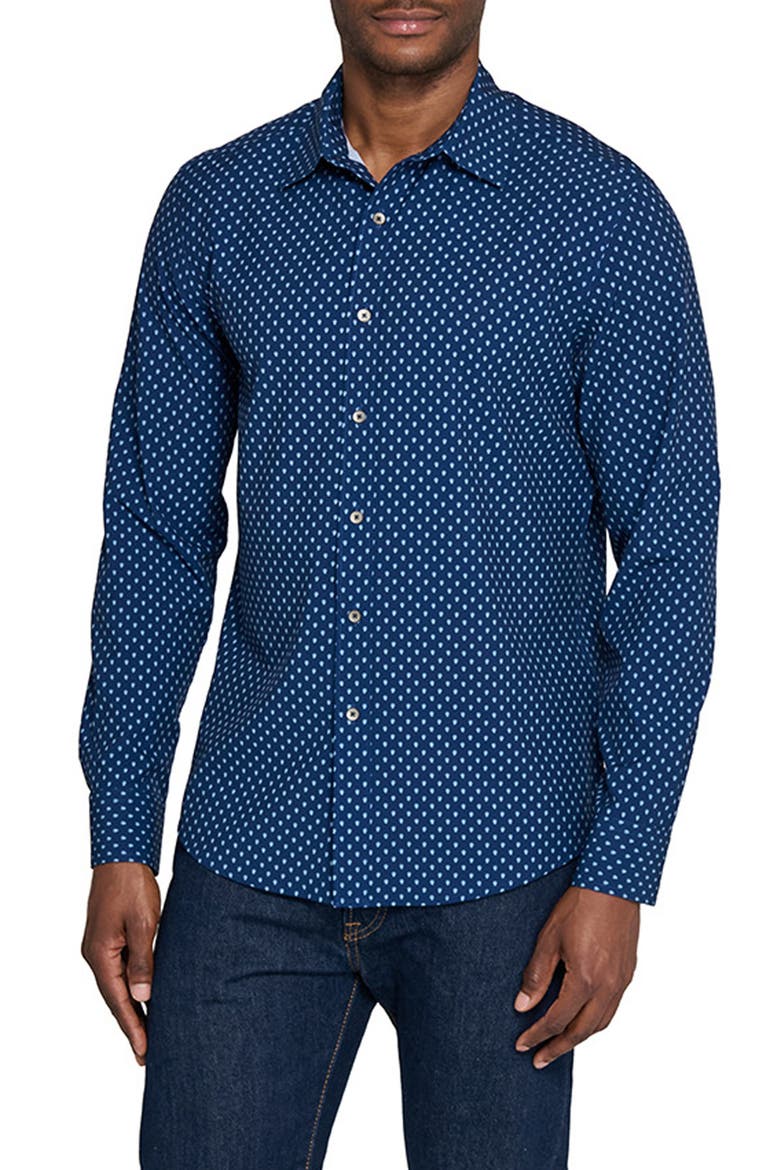 Basic Slim Fit Navy Micropaisley Performance Button-Up Shirt, Main, color, NAVY