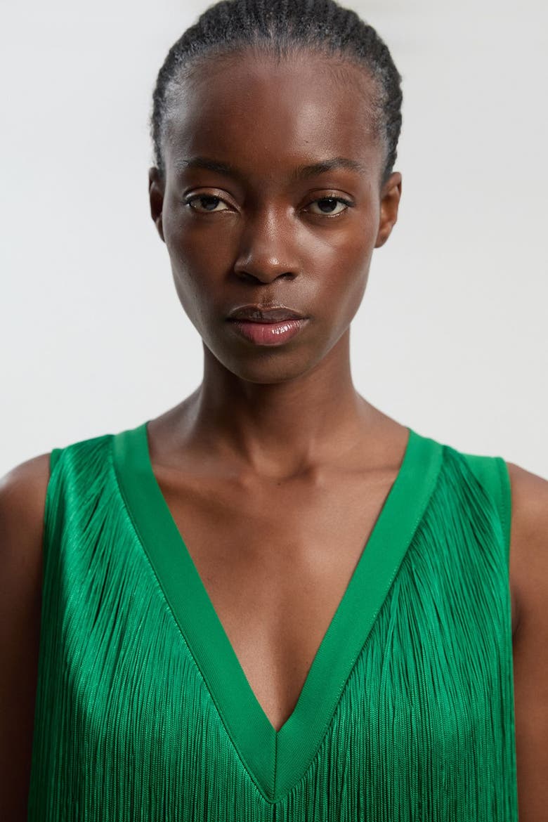 Fringe Bandage V-Neck Midi Dress, Alternate, color, Green