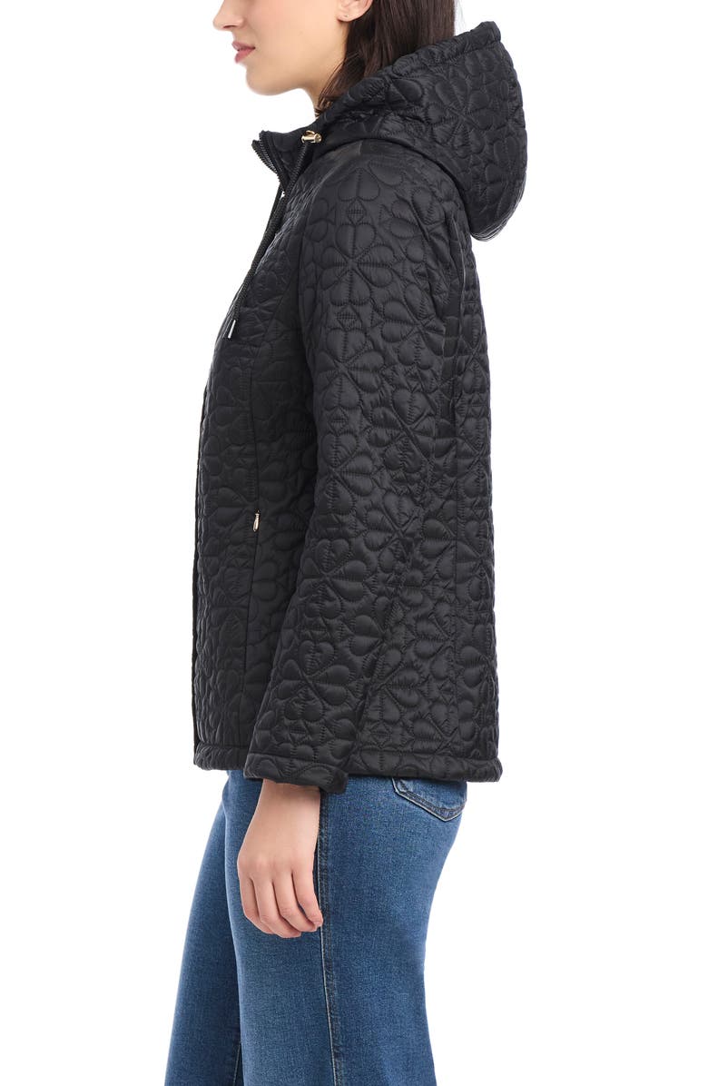 Kate Spade New York water resistant hooded floral quilted short jacket, Alternate, color, Black