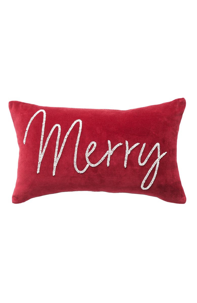carol & frank Christmas Red "Merry" Beaded Cotton Blend Accent Throw Pillow 12" x 20", Main, color, 