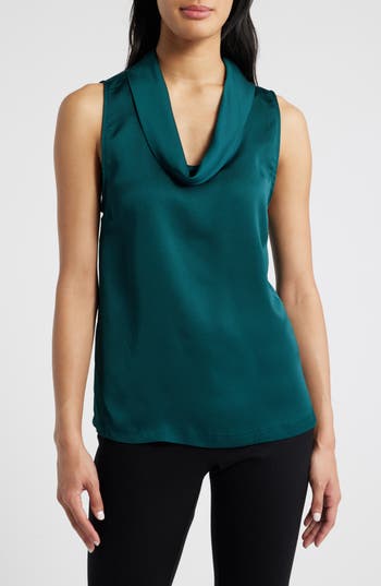 Vince Camuto Hammered Satin Sleeveless Cowl Neck Top In Blue