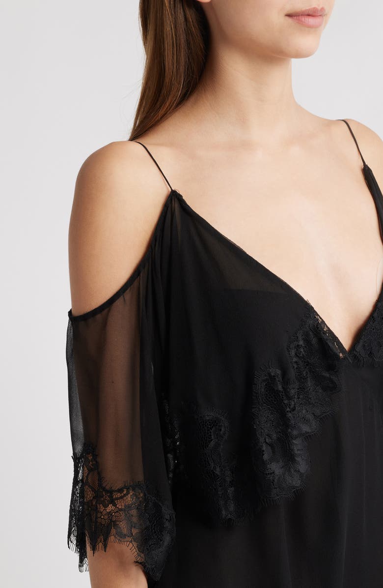 LoveShackFancy Selune Lace Cold Shoulder Silk Minidress, Alternate, color, Black